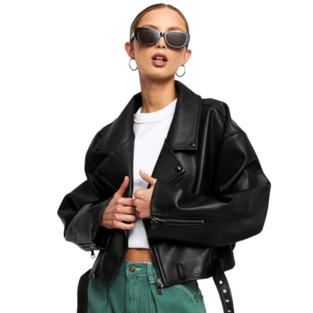 Lioness Staten Island Vegan Leather Jacket Oversized Cropped Fall Black Sz Large